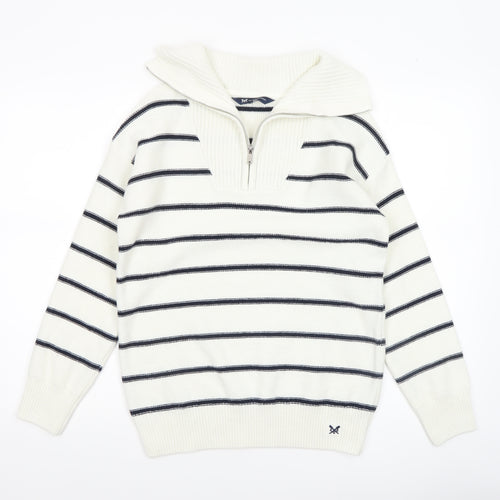 Crew Clothing Women’s White Striped Half Zip Jumper Size 10 Wool Blend
