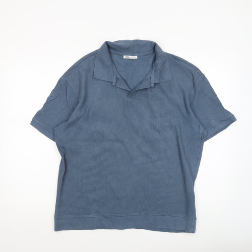Zara Men's Blue Cotton Polo Shirt Size L Regular Fit