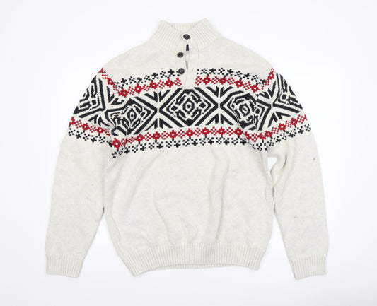 Chaps Men’s Beige Fair Isle Cotton Henley Jumper Size L