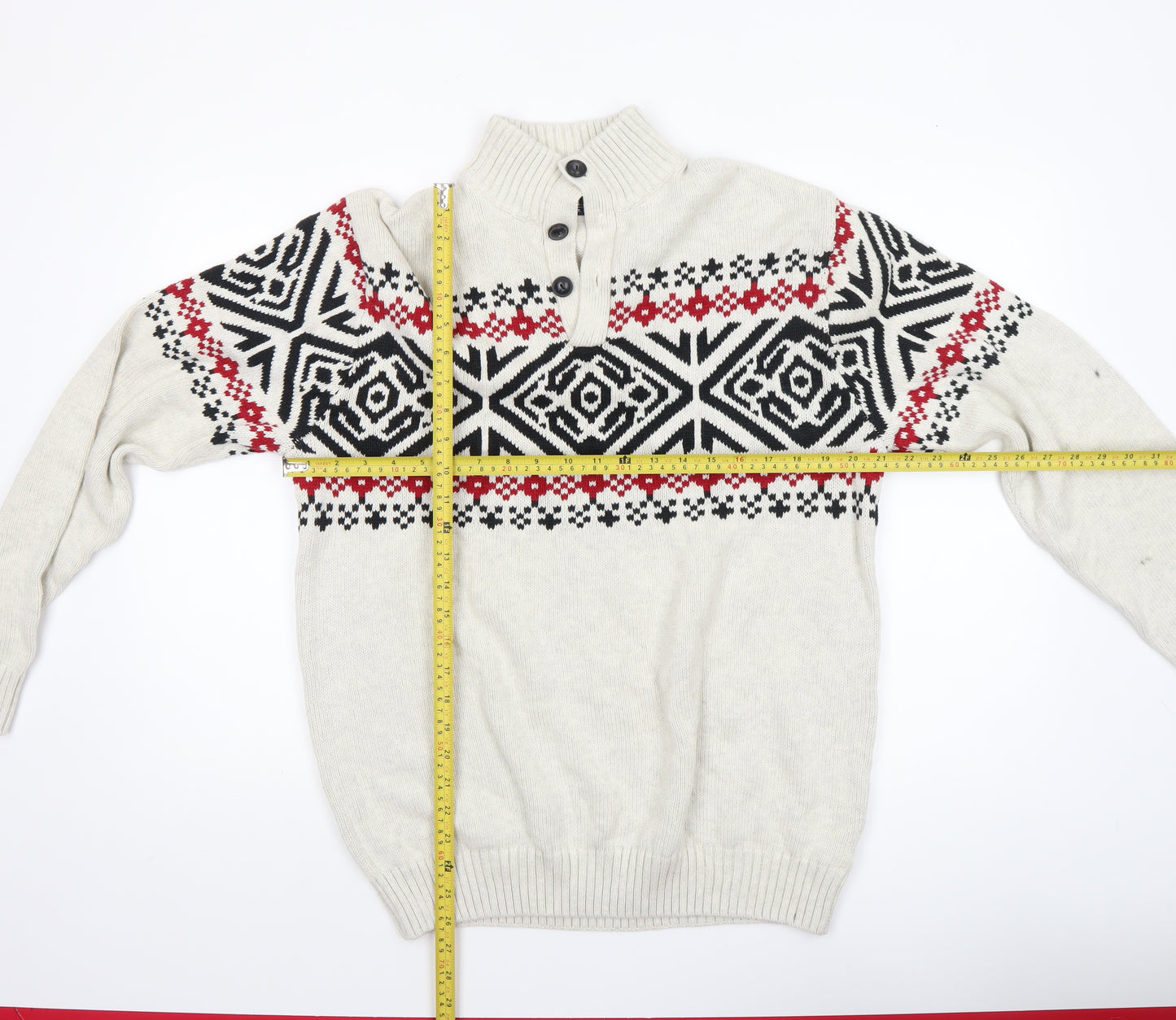 Chaps Men’s Beige Fair Isle Cotton Henley Jumper Size L