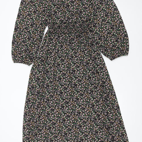 ONLY Women's Black Floral Midi A-Line Dress M Puff Sleeve