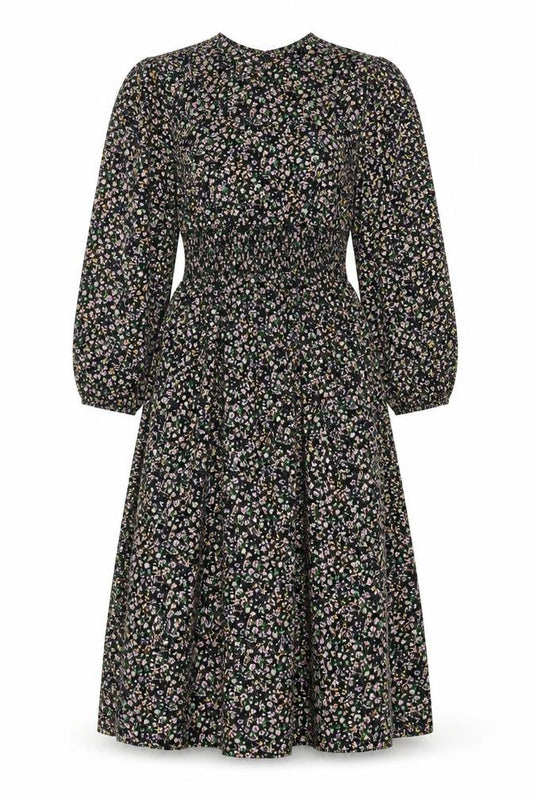 Front view of Only Women's Black Floral Midi A-Line Dress M Puff Sleeve