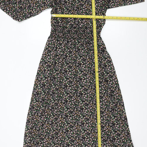 ONLY Women's Black Floral Midi A-Line Dress M Puff Sleeve