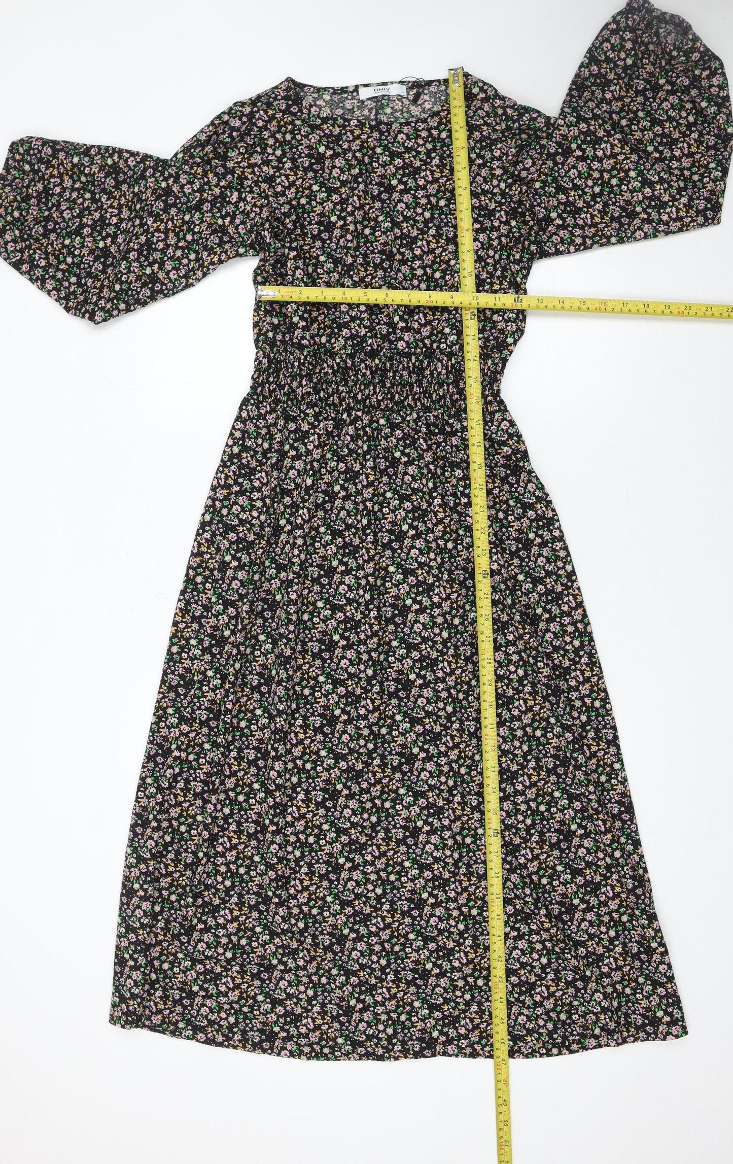 ONLY Women's Black Floral Midi A-Line Dress M Puff Sleeve