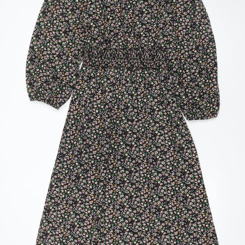 ONLY Women's Black Floral Midi A-Line Dress M Puff Sleeve