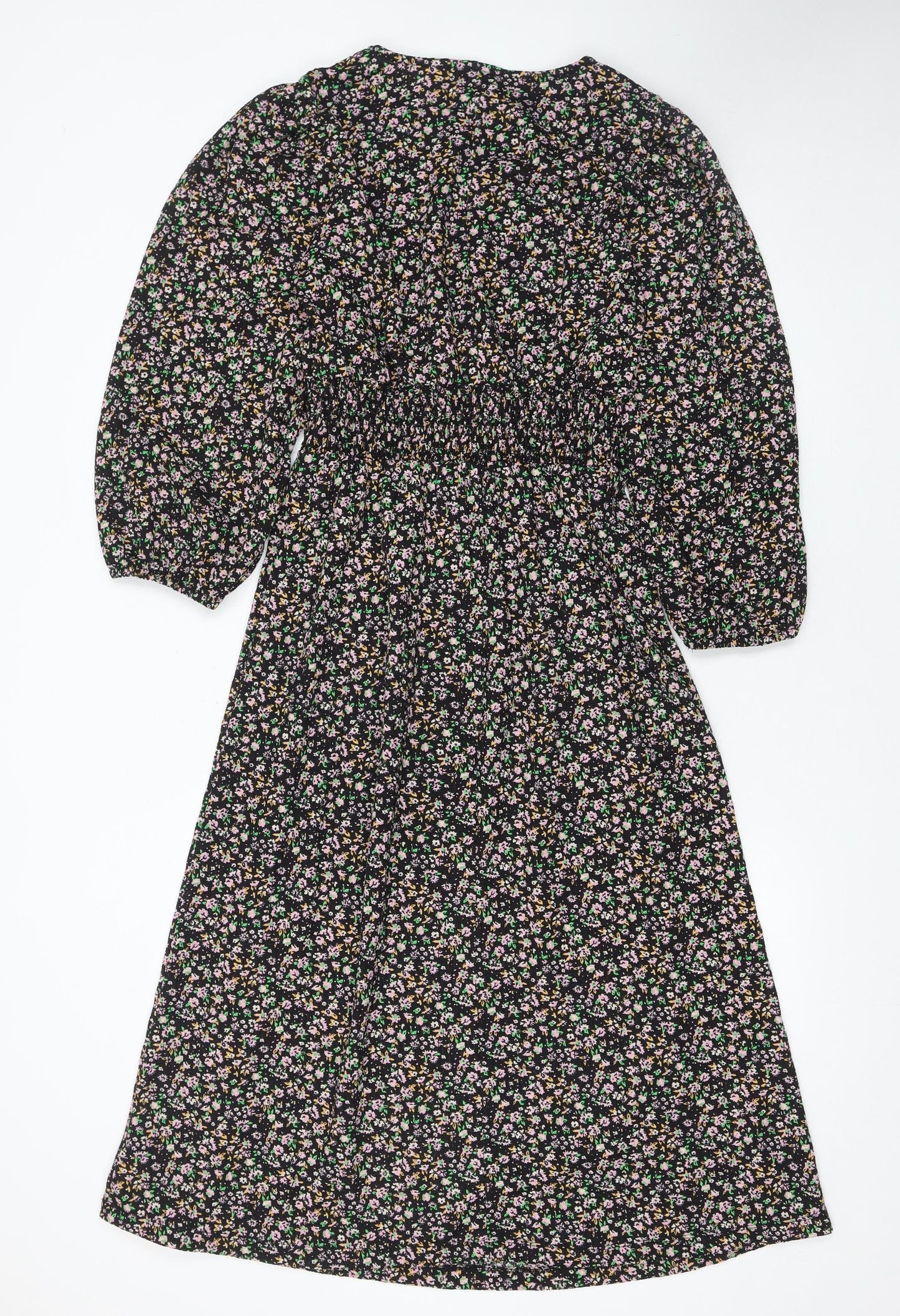 ONLY Women's Black Floral Midi A-Line Dress M Puff Sleeve