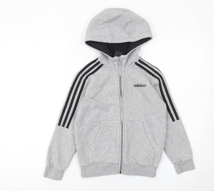 Adidas Boys Grey Full Zip Hoodie 7-8 Years Regular Fit Hooded Sweatshirt