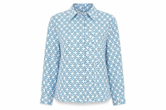 Front view of Dunnes Women’s Royal Blue Geometric Button-Up Shirt, size UK 12