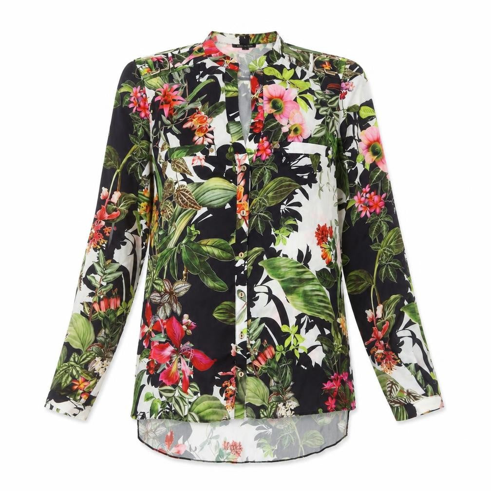 Front view of River Island women’s floral long sleeve button-up blouse, size UK 8