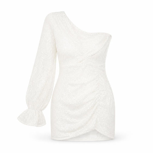 Front view of OhHello Clothing Women’s White Sequin One Shoulder Bodycon Dress XS