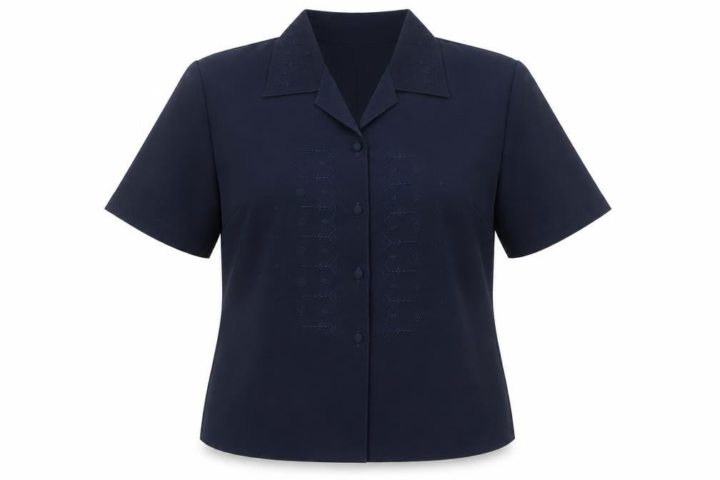 Front view of Michael Gold Women's Blue Collared Short Sleeve Blouse XL Vintage