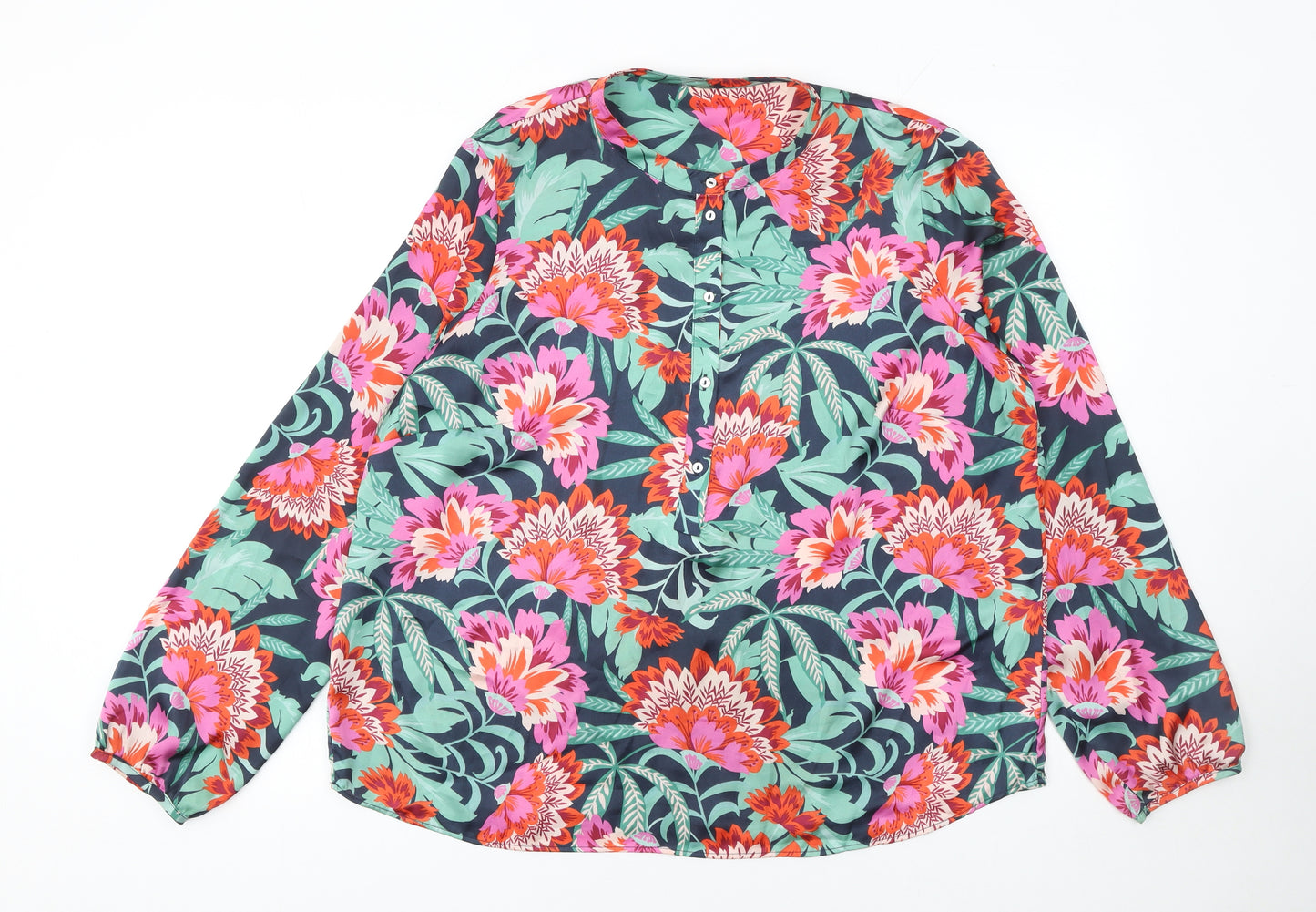 Gallery Womens Navy Floral Long Sleeve Blouse Size 16 Polyester