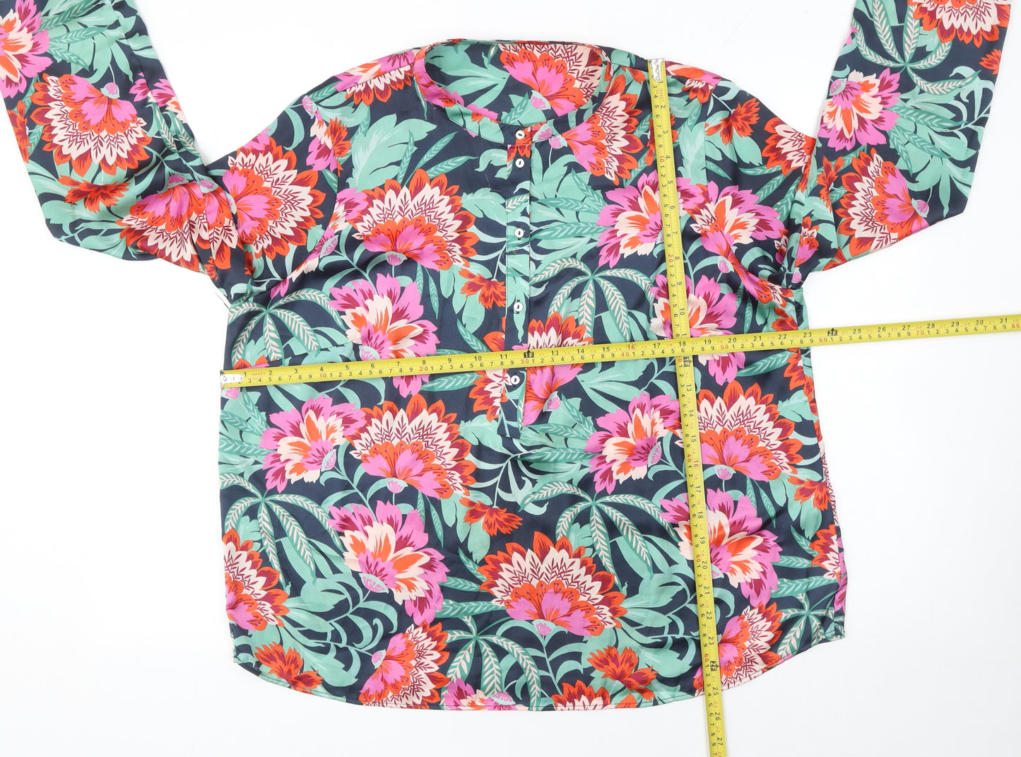 Gallery Womens Navy Floral Long Sleeve Blouse Size 16 Polyester