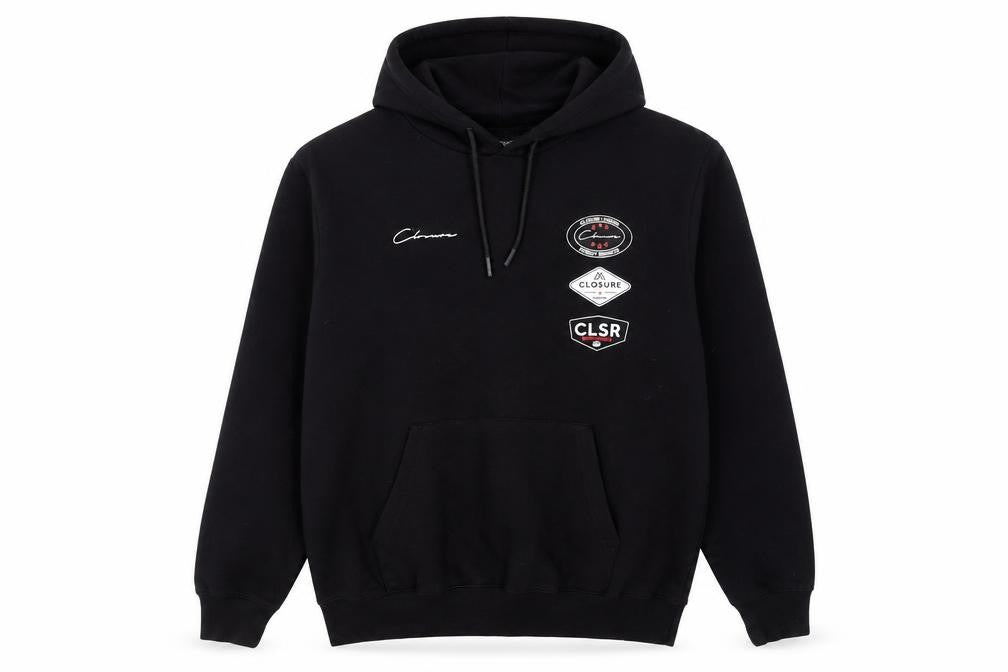Front view of Closure LDN Men's Black Pullover Graphic Hoodie, size M