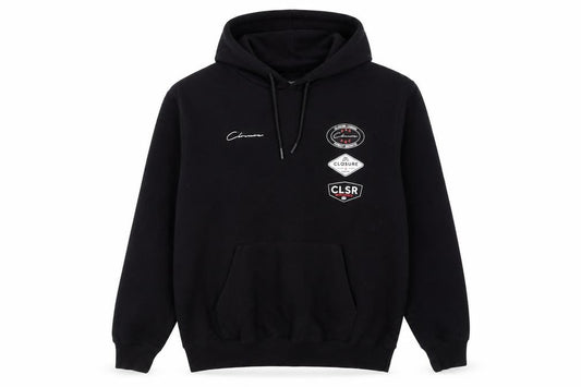 Front view of Closure LDN Men's Black Pullover Graphic Hoodie, size M