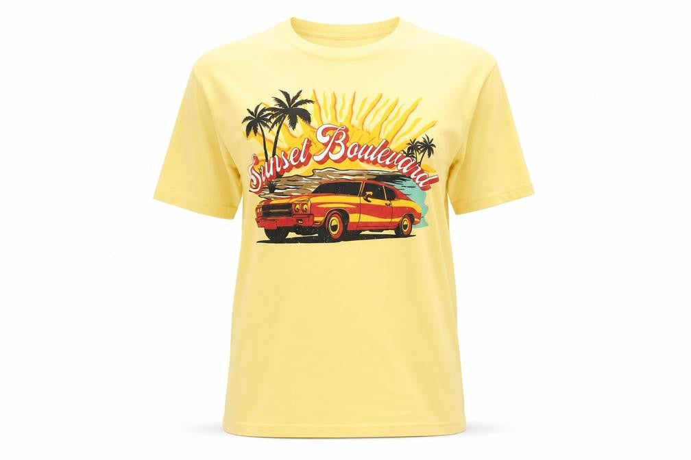 PrettyLittleThing Women's Yellow Sunset Boulevard Graphic T-Shirt Size S