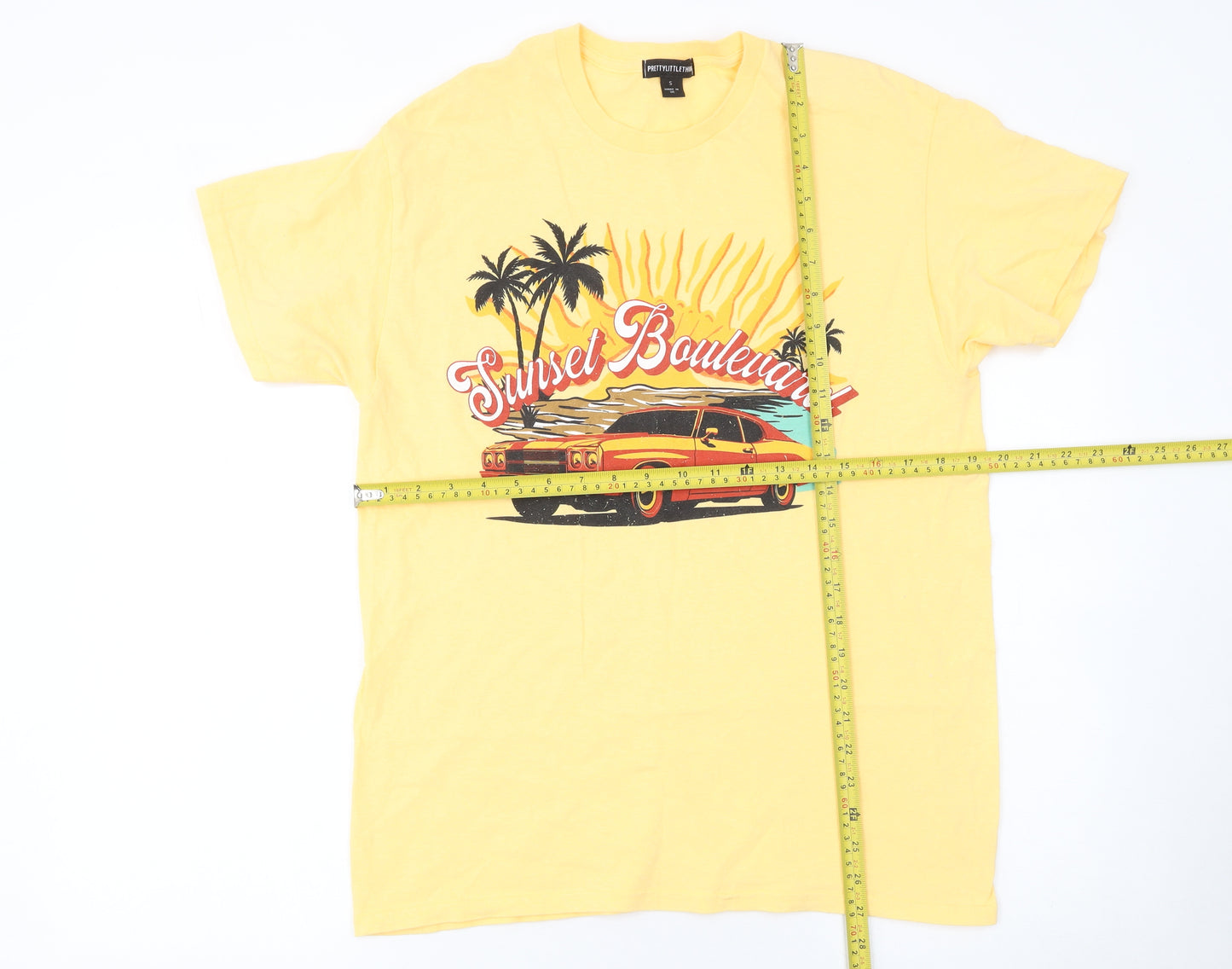 PrettyLittleThing Women's Yellow Sunset Boulevard Graphic T-Shirt Size S