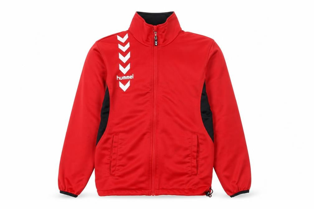 Front view of Hummel boys’ red track jacket 12 years polyester full zip sports top