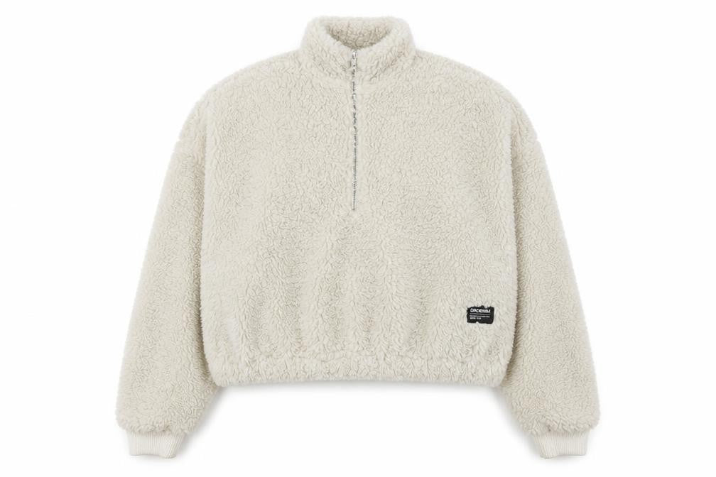 Front view of Dr Denim women’s beige fleece 1/4 zip pullover sweatshirt, size S