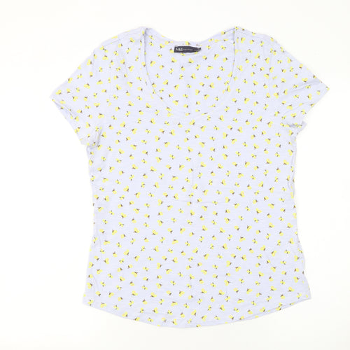 Marks and Spencer Women's Blue Floral Cotton V-Neck T-Shirt Size 12