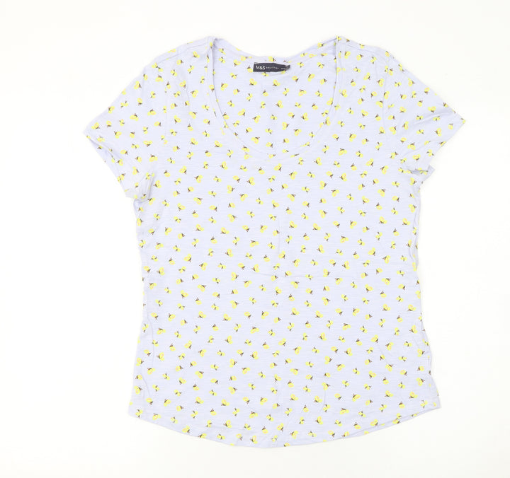 Marks and Spencer Women's Blue Floral Cotton V-Neck T-Shirt Size 12