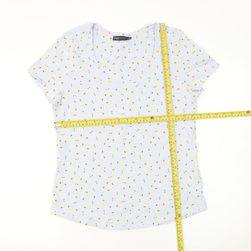 Marks and Spencer Women's Blue Floral Cotton V-Neck T-Shirt Size 12