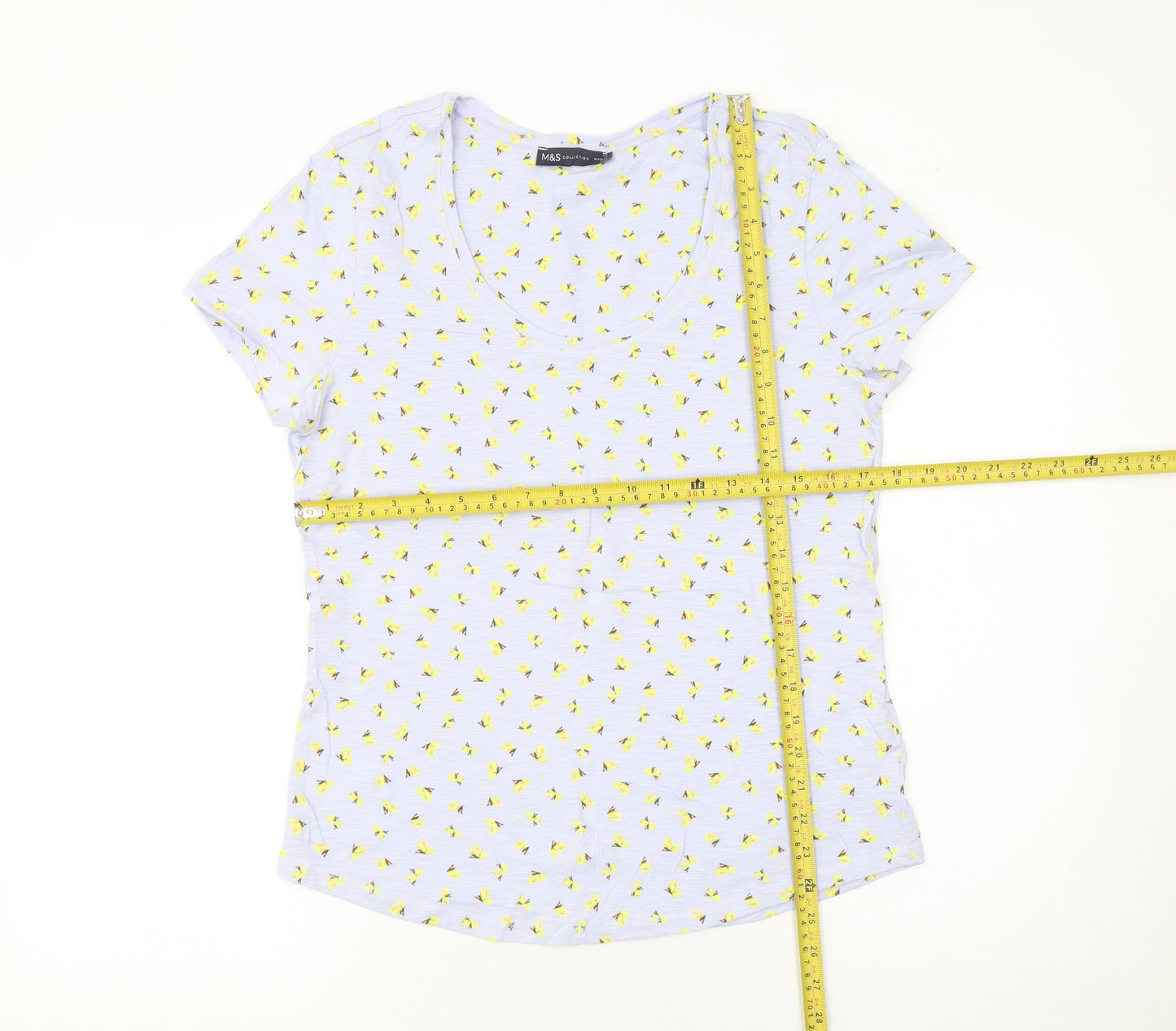 Marks and Spencer Women's Blue Floral Cotton V-Neck T-Shirt Size 12