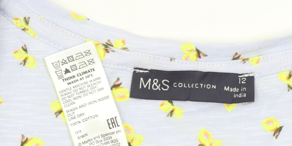 Marks and Spencer Women's Blue Floral Cotton V-Neck T-Shirt Size 12