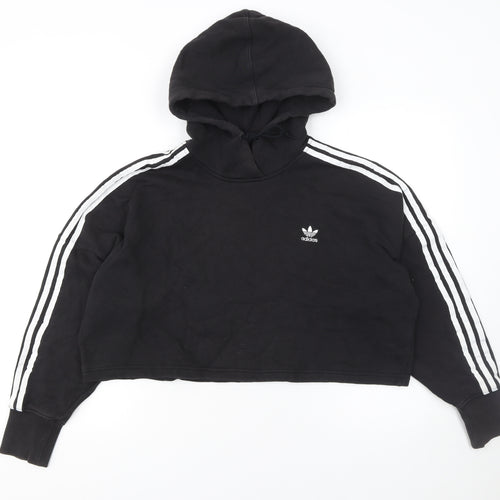 Adidas Womens Black Cropped Hoodie Size 8 Cotton 3-Stripes Logo
