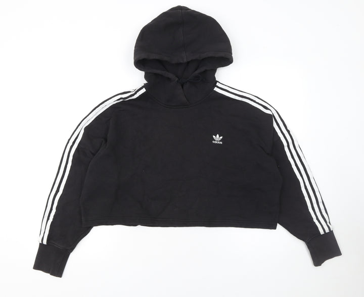 Adidas Womens Black Cropped Hoodie Size 8 Cotton 3-Stripes Logo