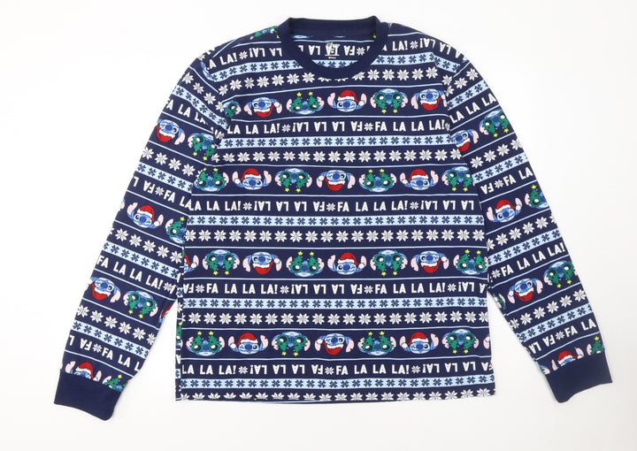 Disney Lilo & Stitch Men's Blue Christmas Cotton Pyjama Top M