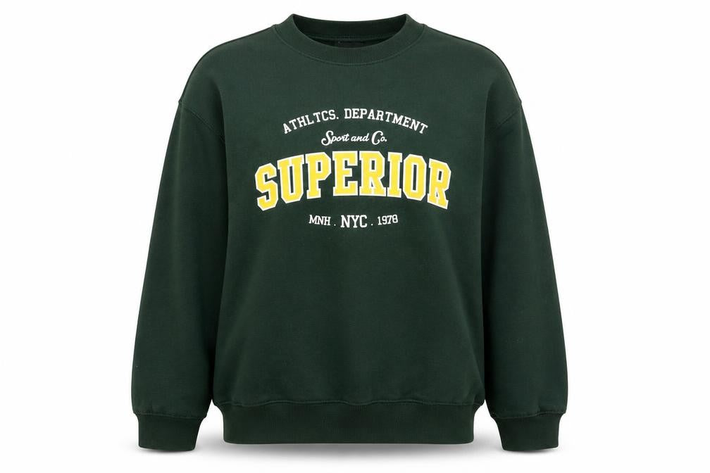 Front view of Missguided Women's Green Superior Graphic Crew Neck Sweatshirt, size M