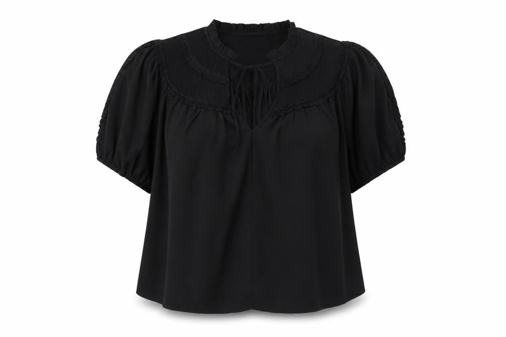 Front view of Gallery women’s black xl tunic blouse puff sleeve high neck