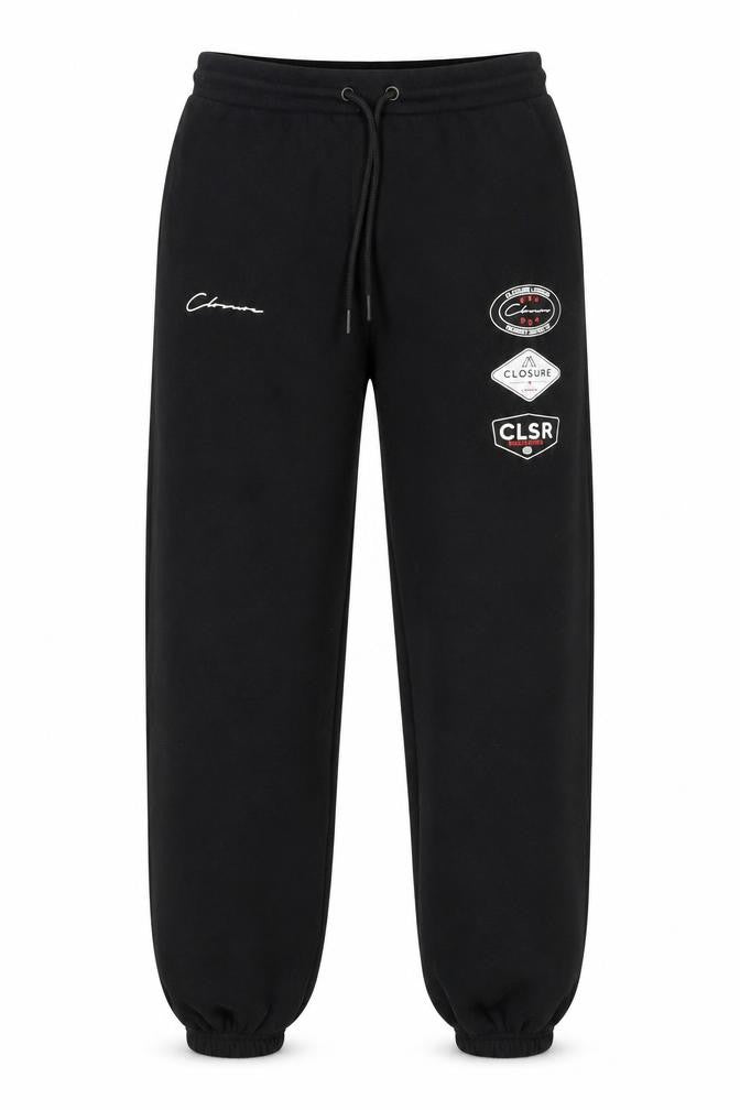Front view of Closure LDN Men’s Black Logo Sweatpants, size M, Tapered Fit