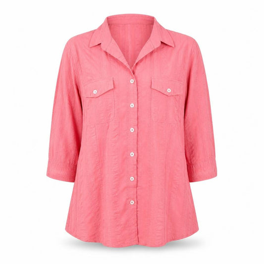 Front view of Queensway women’s pink 3/4 sleeve button-up shirt, size UK 14