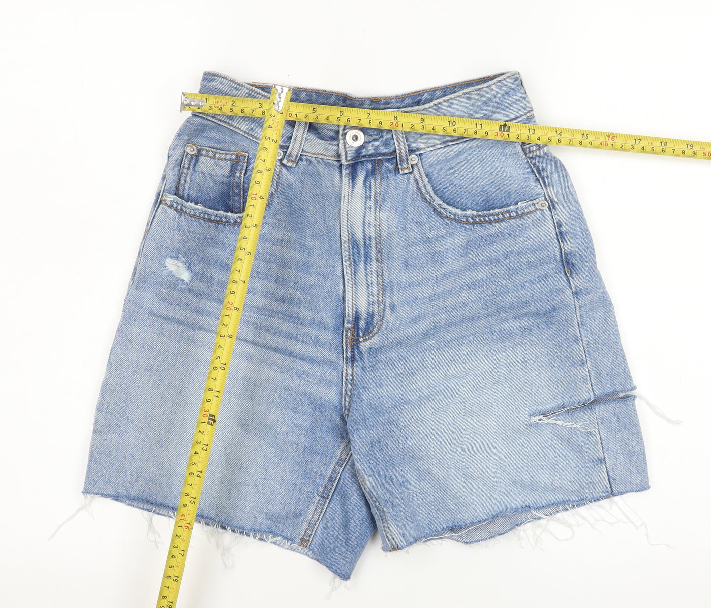 Stradivarius Womens Blue High Rise Cut-Off Denim Shorts Size 8