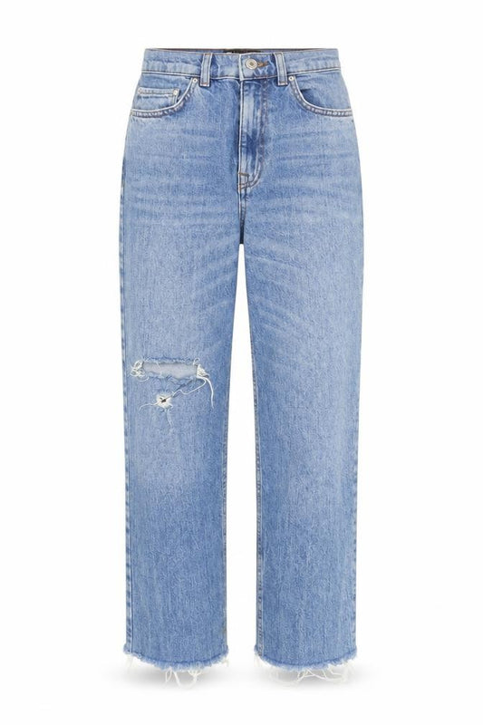 Front view of ASOS Women’s Blue Distressed High Rise Straight Jeans, size UK 8