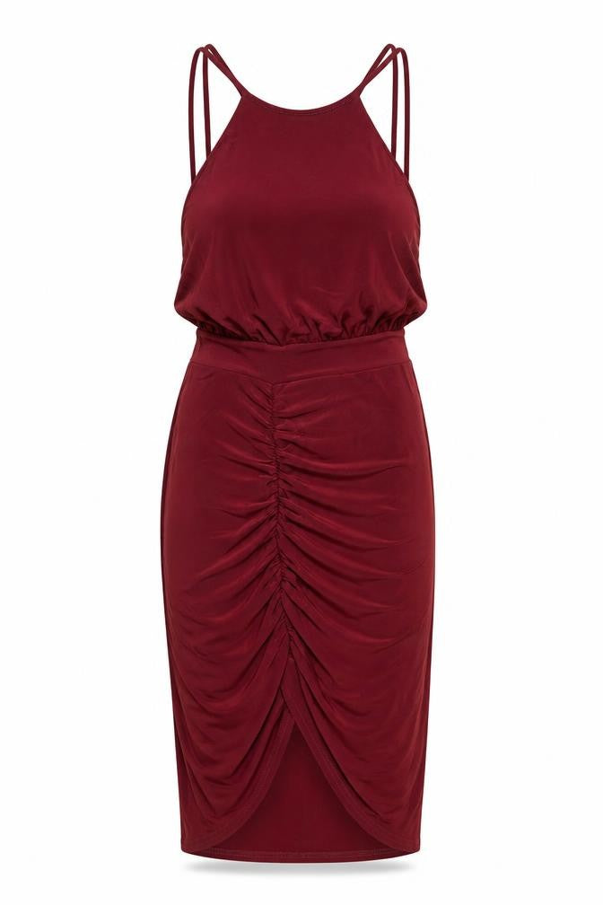 Front view of Edge Women's Red Halter Bodycon Ruched Stretch Dress, size 12
