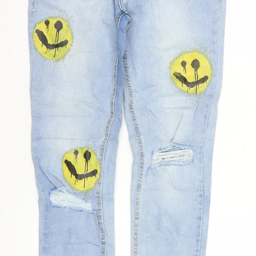 boohooMAN Men’s Blue Distressed Skinny Jeans 30W 32L Light Wash Art Print