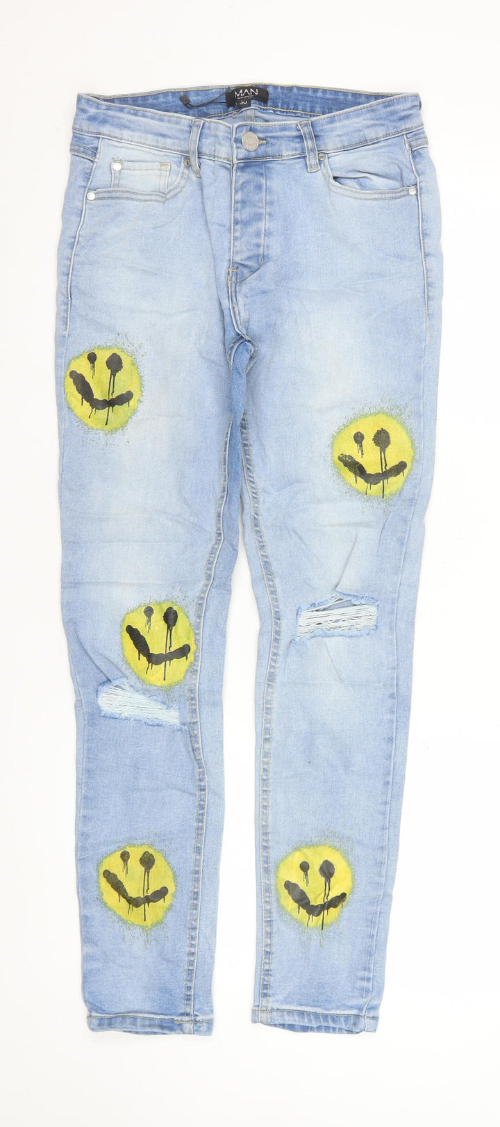boohooMAN Men’s Blue Distressed Skinny Jeans 30W 32L Light Wash Art Print