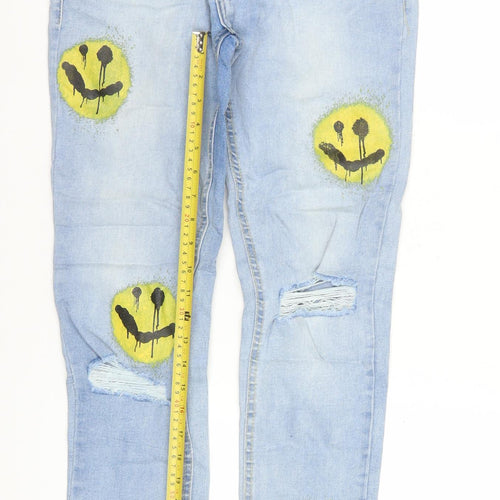 boohooMAN Men’s Blue Distressed Skinny Jeans 30W 32L Light Wash Art Print