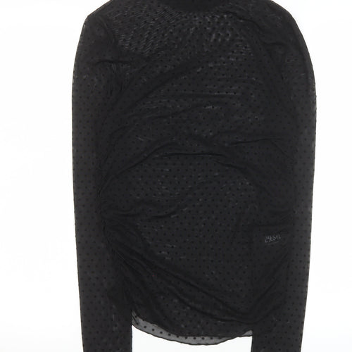Diesel Womens Black Mock Neck Sheer Ruched Mesh Polka Dot Blouse Size M