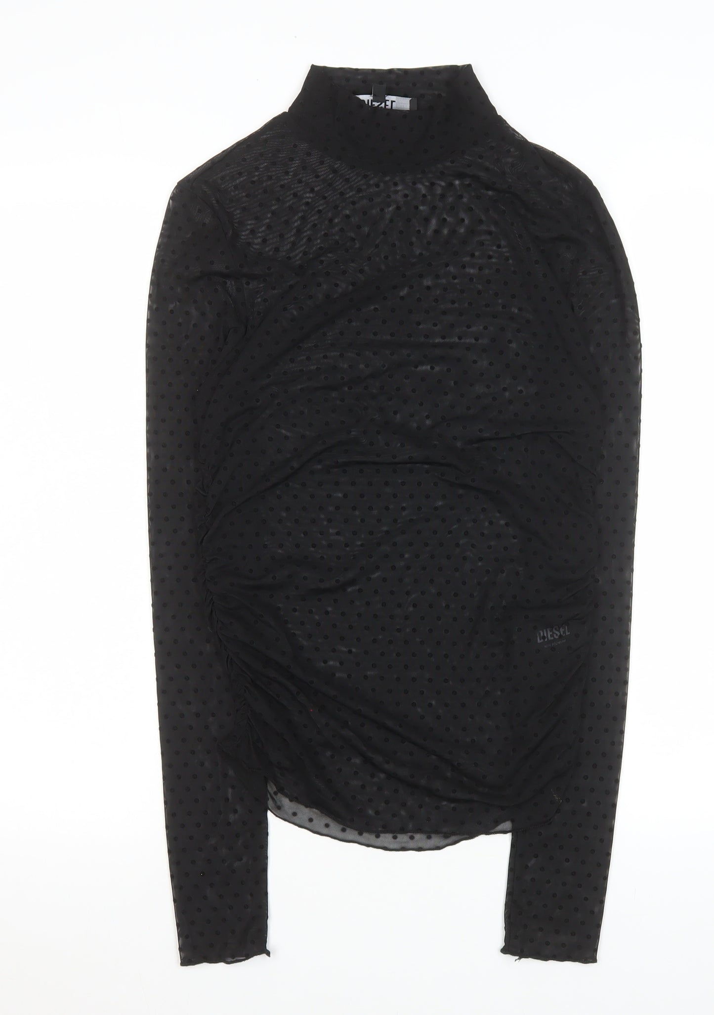 Diesel Womens Black Mock Neck Sheer Ruched Mesh Polka Dot Blouse Size M