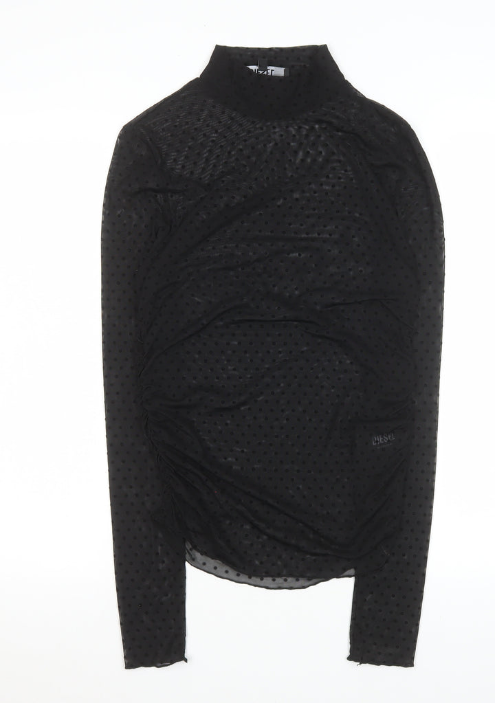 Diesel Womens Black Mock Neck Sheer Ruched Mesh Polka Dot Blouse Size M