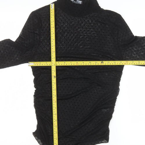 Diesel Womens Black Mock Neck Sheer Ruched Mesh Polka Dot Blouse Size M