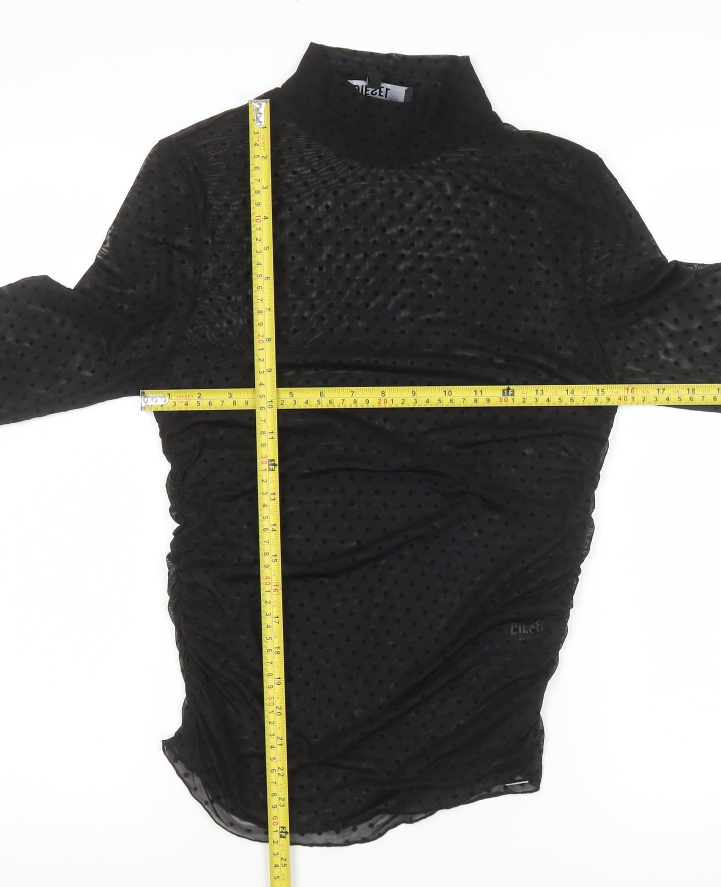 Diesel Womens Black Mock Neck Sheer Ruched Mesh Polka Dot Blouse Size M