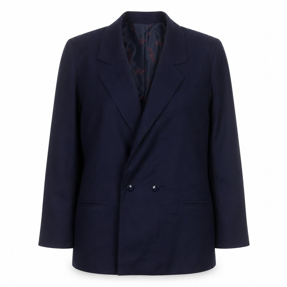 Front view of Private Collection Women's Blue Wool Double-Breasted Blazer, size 12