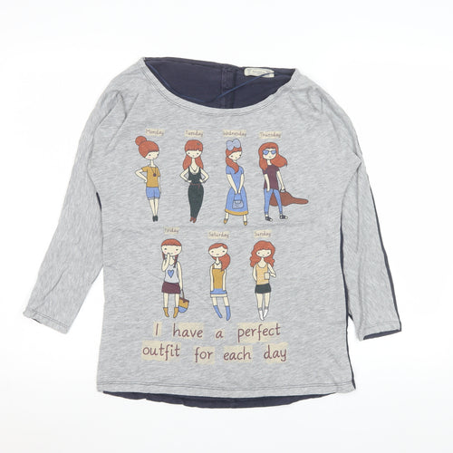 Pull&Bear Women Grey Graphic 3/4 Sleeve Boat Neck T-Shirt S