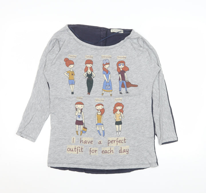 Pull&Bear Women Grey Graphic 3/4 Sleeve Boat Neck T-Shirt S