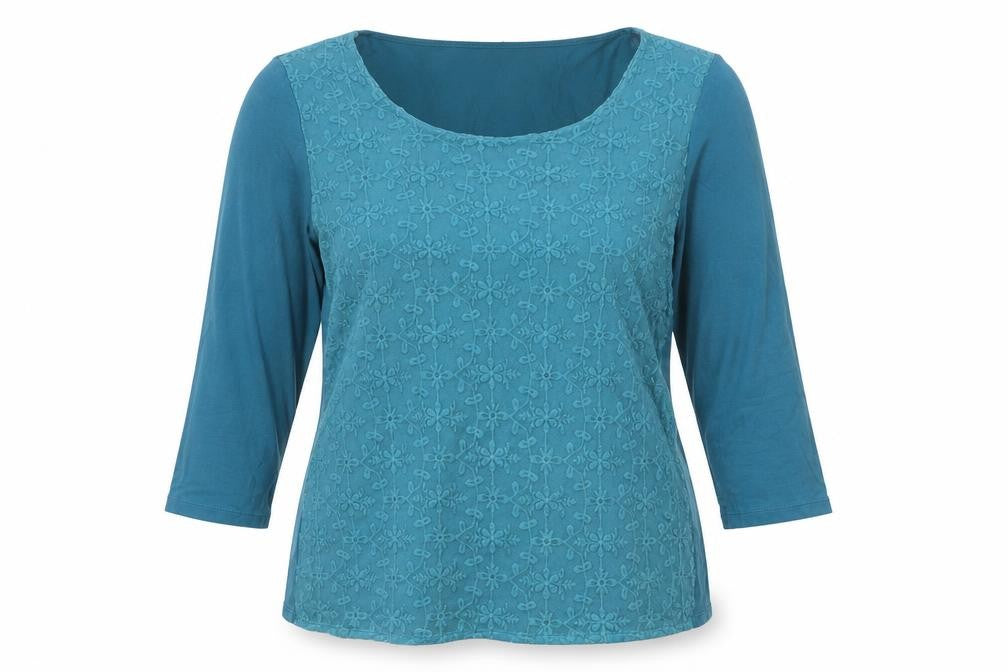 Front view of Palmer Women Blue Embroidered Lace Tunic Blouse, size 10